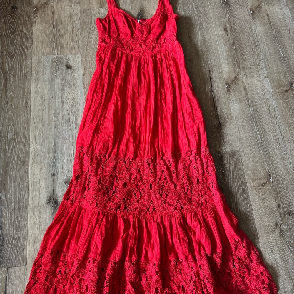Free People Red Lace Caught Your Eye Maxi Dress‎ Size 4